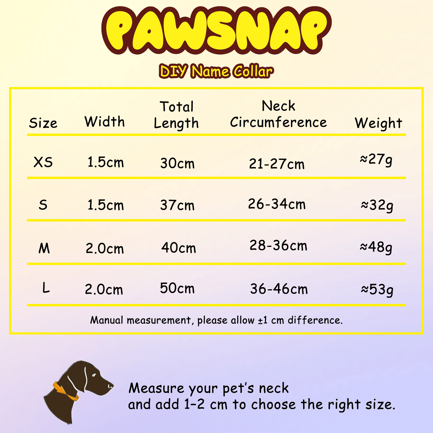 DIY pet name collar size chart and specifications for different sizes