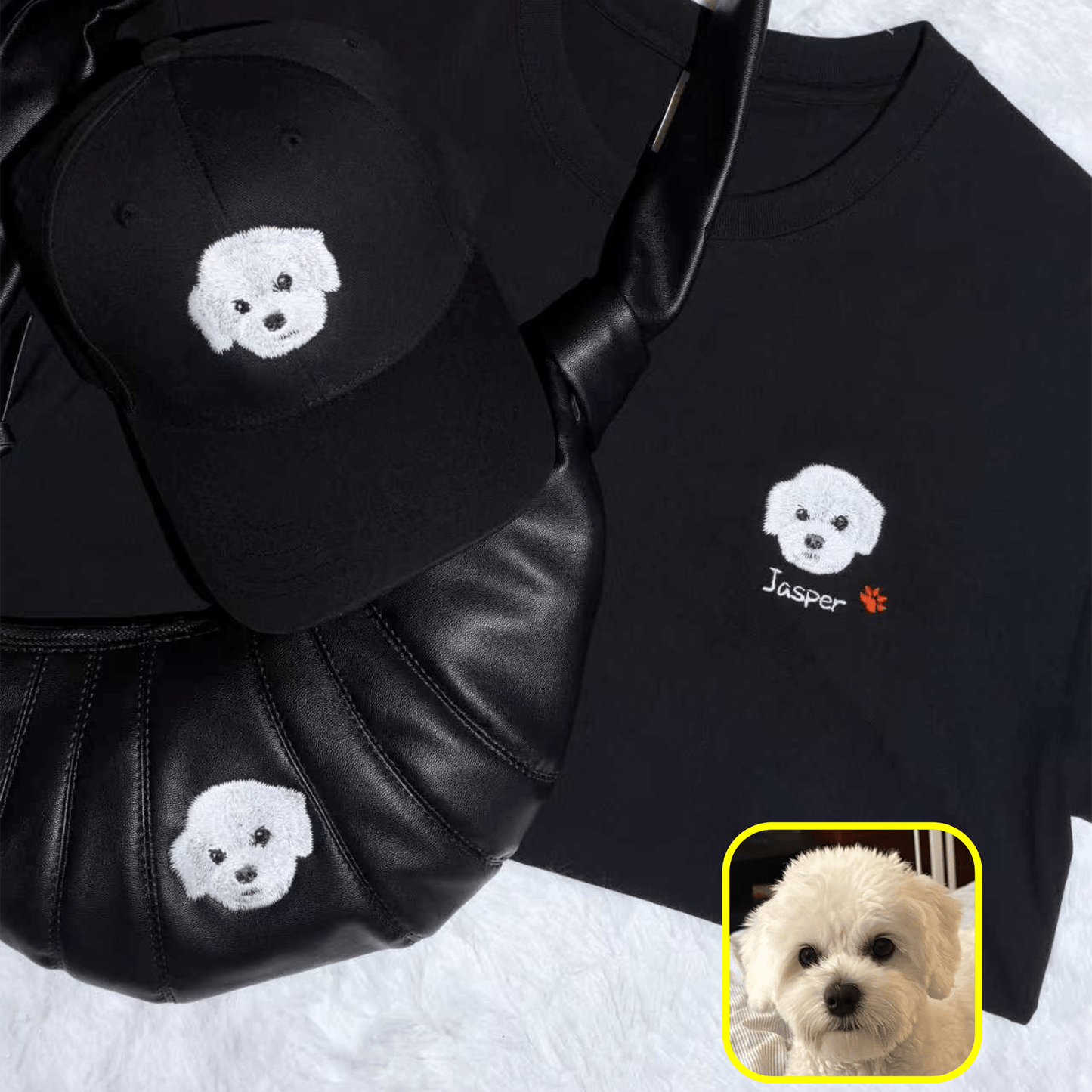 Black Outfit Combo complete set - custom dog embroidered hat, bag, and t-shirt