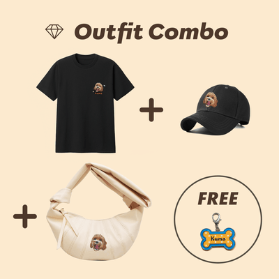 Outfit Combo set contents - includes 1 t-shirt, 1 hat, and 1 croissant bag
