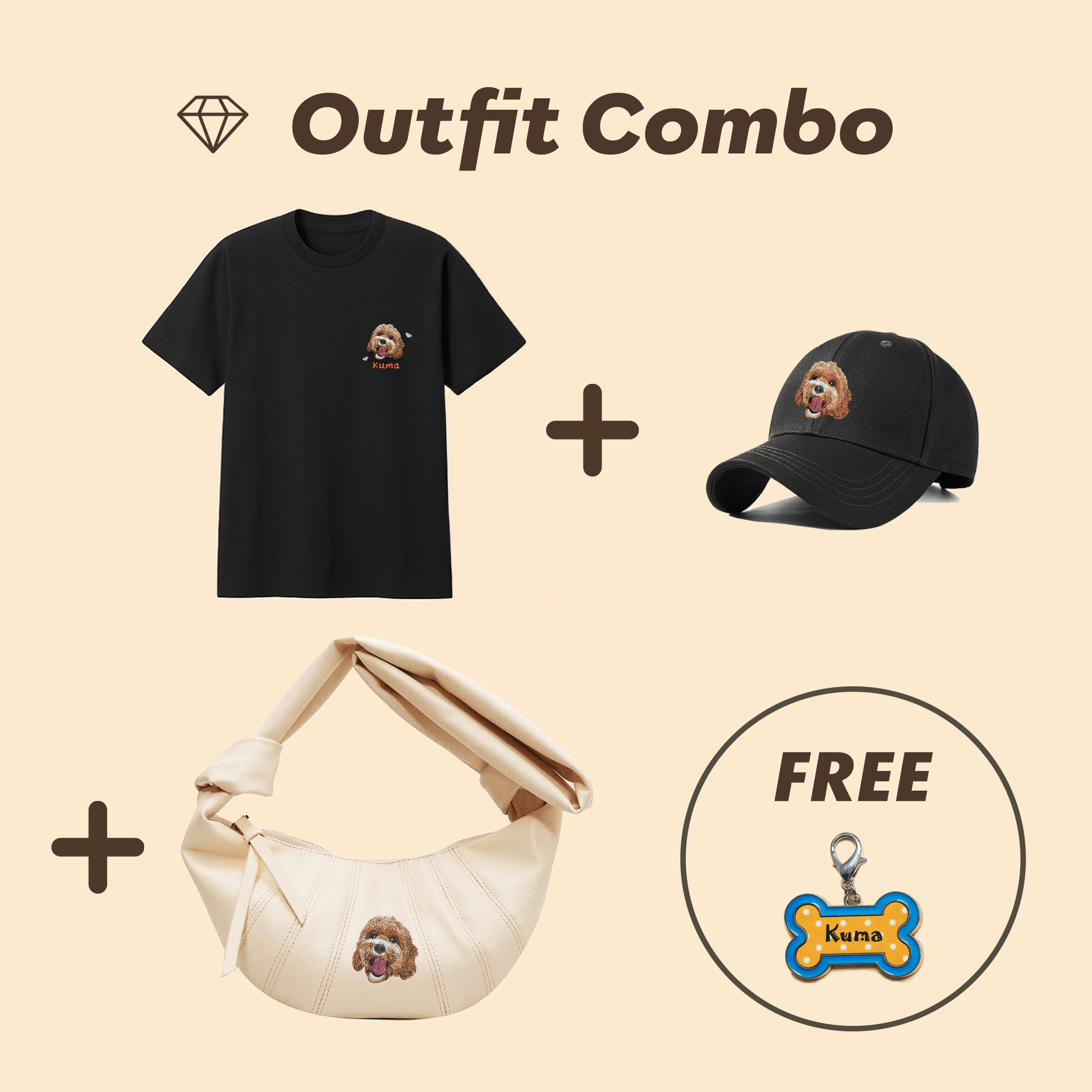 Outfit Combo set contents - includes 1 t-shirt, 1 hat, and 1 croissant bag