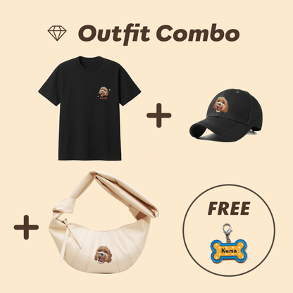 Outfit Combo set contents - includes 1 t-shirt, 1 hat, and 1 croissant bag