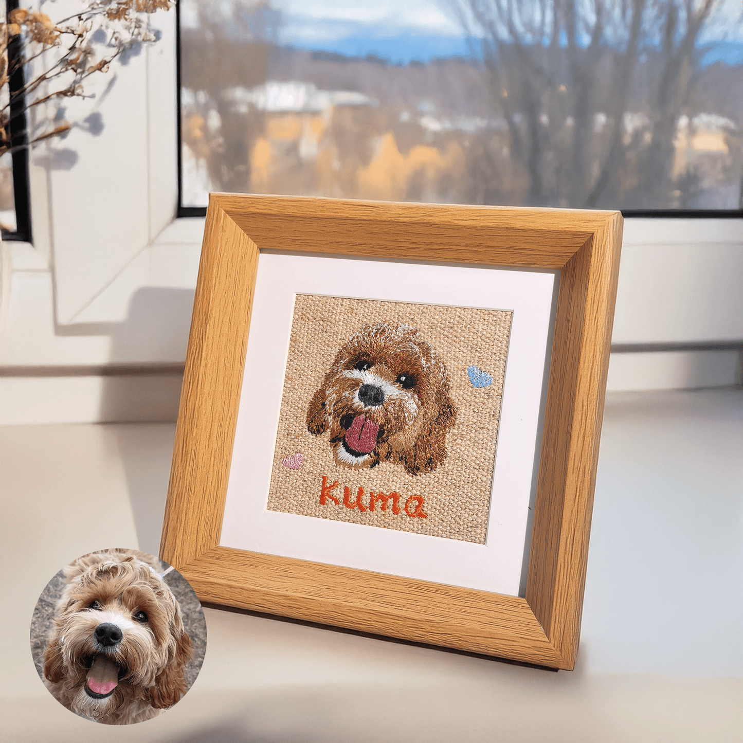 Personalized dog portrait embroidery in premium wood frame