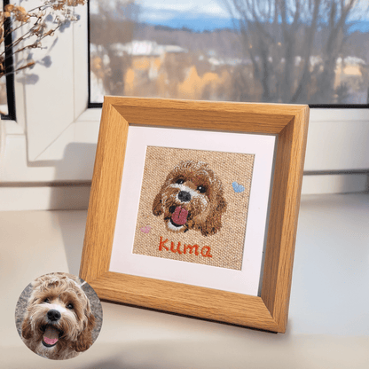 Personalized dog portrait embroidery in premium wood frame