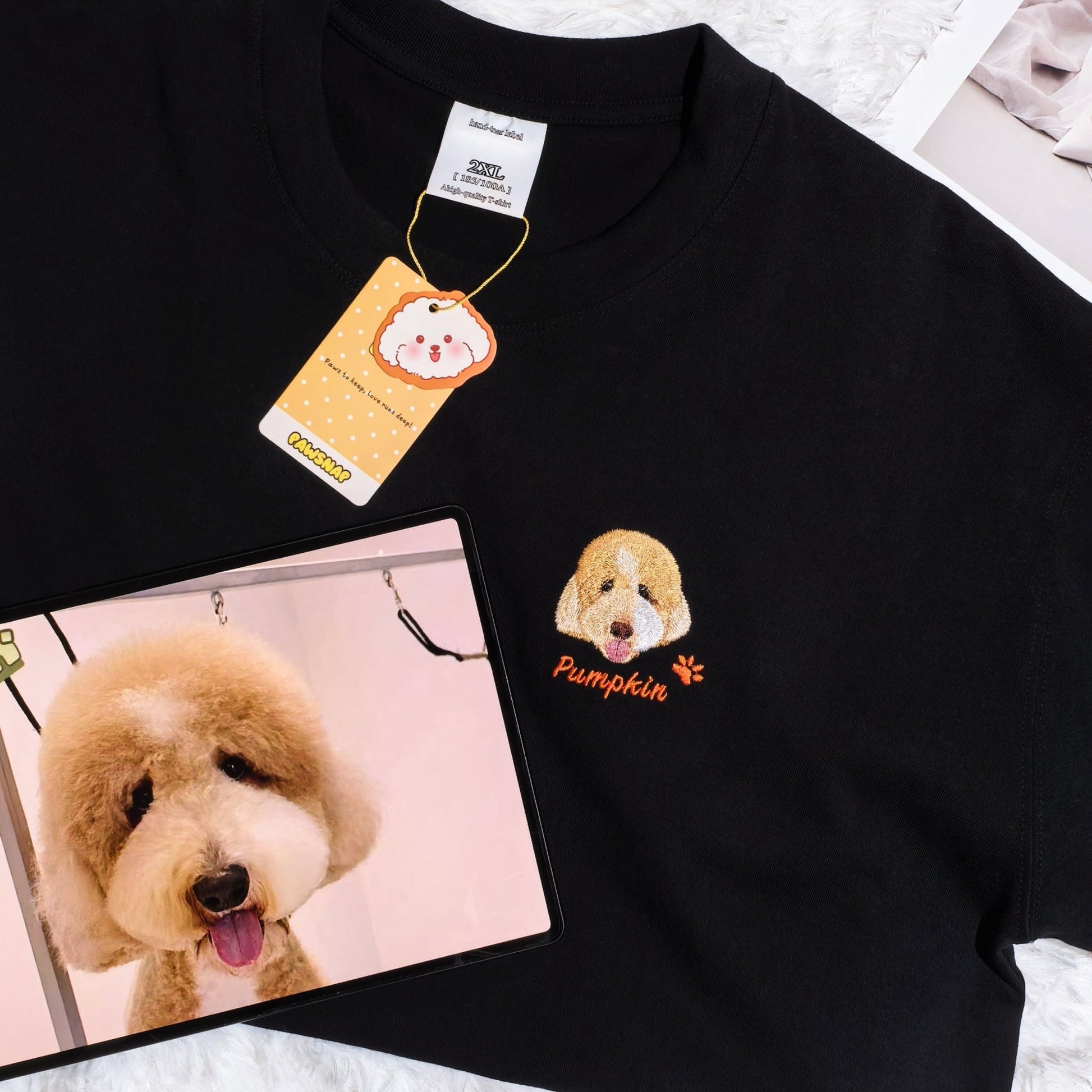 Custom pet portrait embroidered t-shirt with hand-drawn design