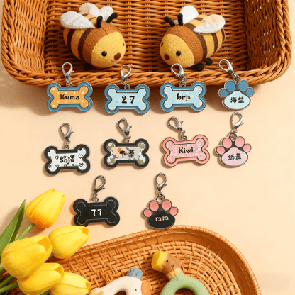 Personalized pet name tags variety examples with different patterns