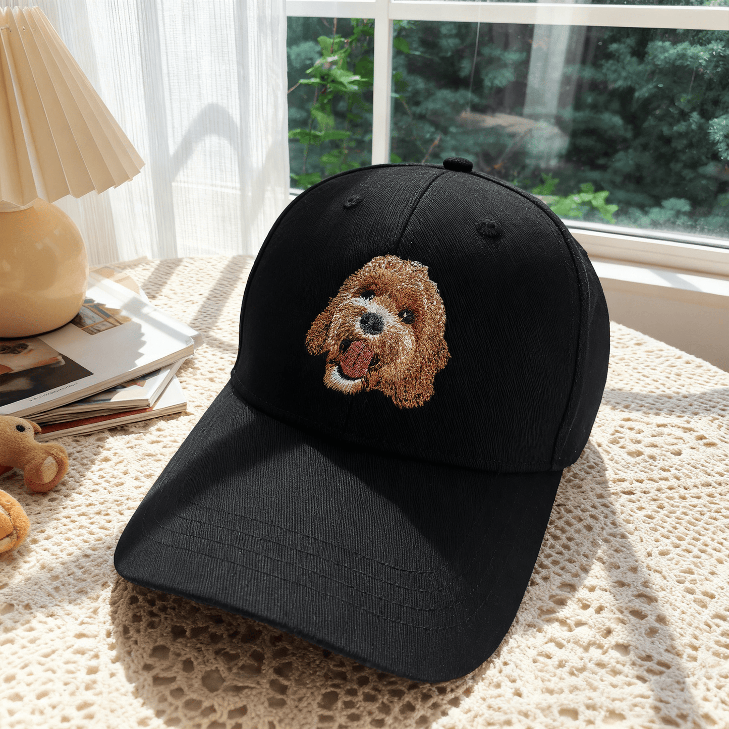 Personalized pet portrait embroidery on structured baseball cap