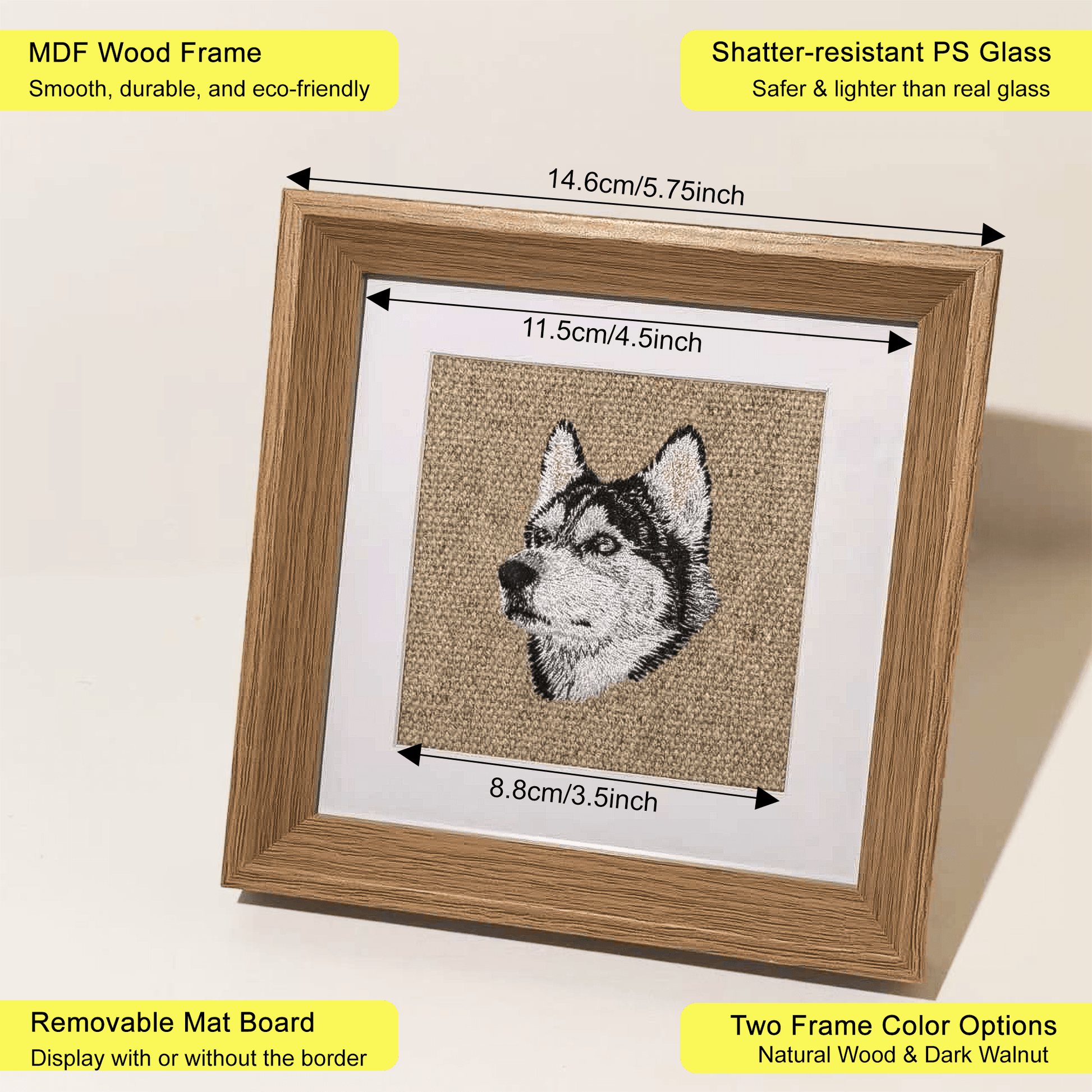 Pet frame materials: MDF wood, shatter-resistant glass, removable mat
