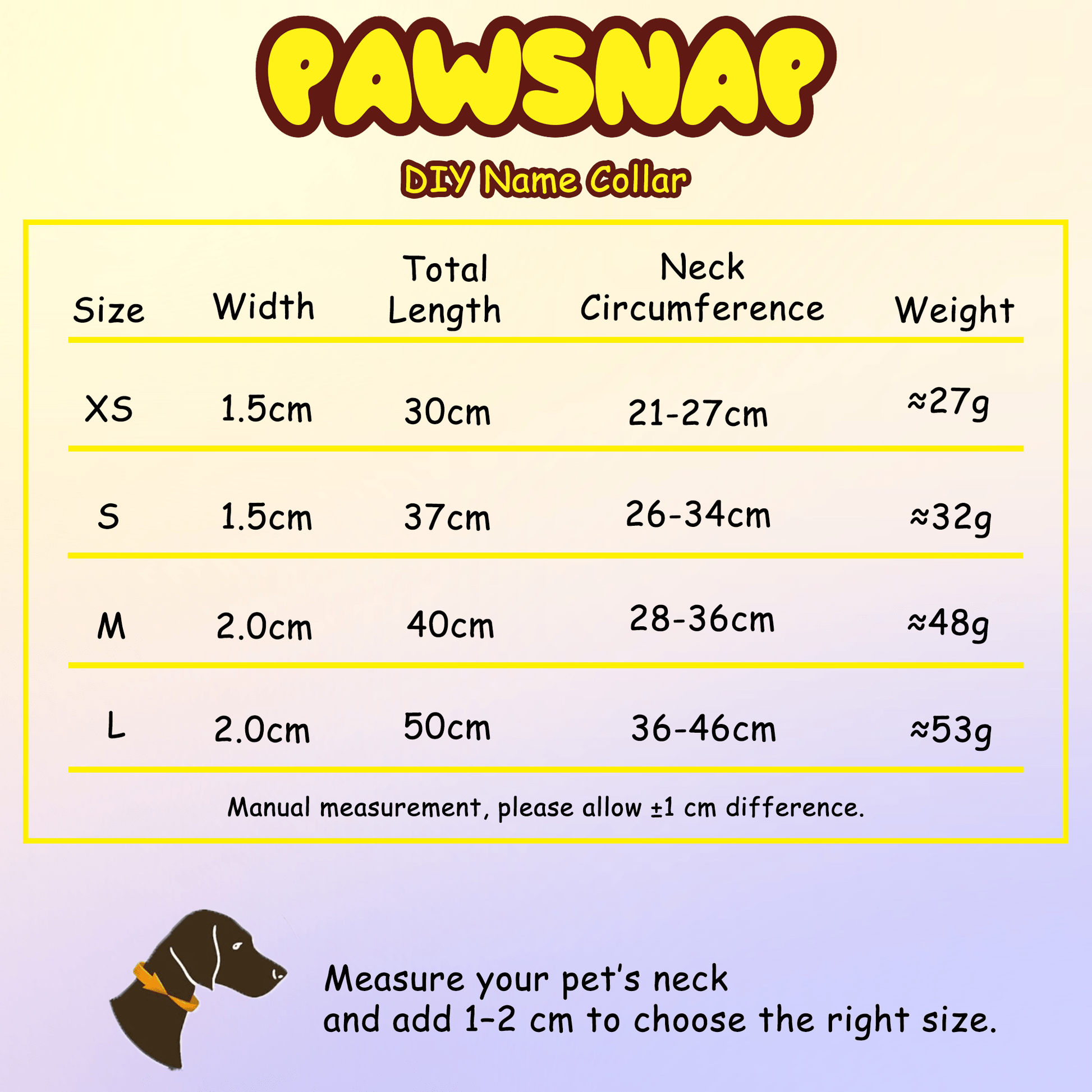 Pet name collar dimensions, size, and weight specifications