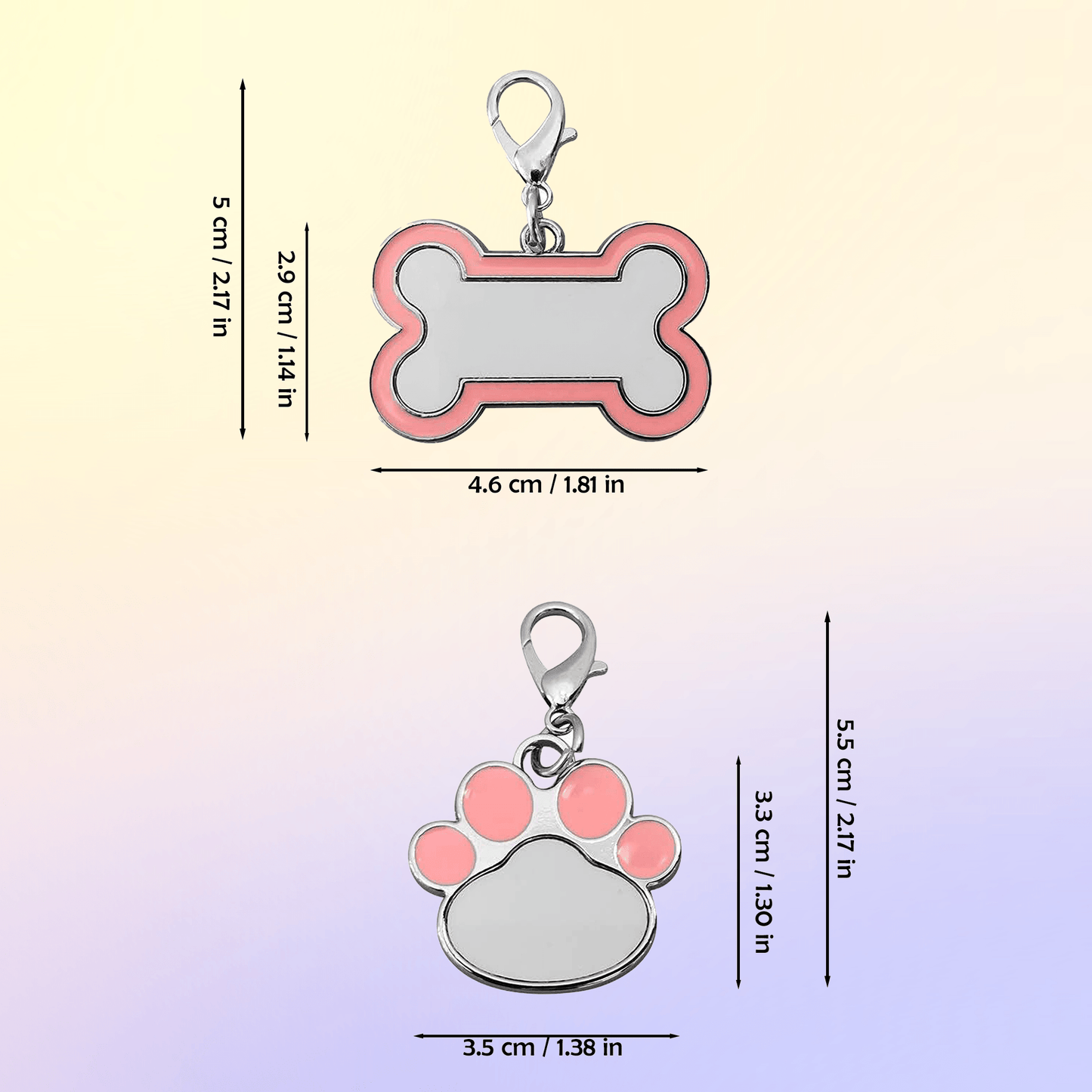 Pet name tag dimensions and size specifications for bone and paw shapes