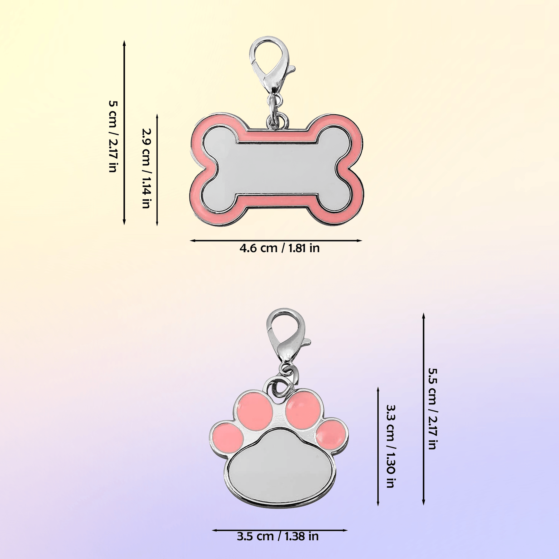 Pet name tag dimensions and size specifications for bone and paw shapes