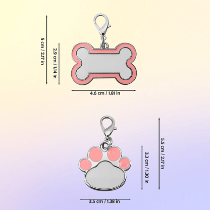 Pet name tag dimensions and size specifications for bone and paw shapes