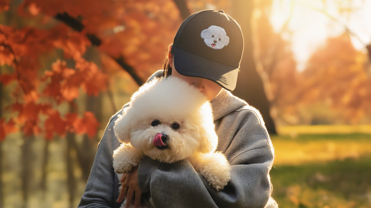 Pet owner holding white Bichon Frise dog wearing matching custom embroidered hat in autumn park - PAWSNAP about us