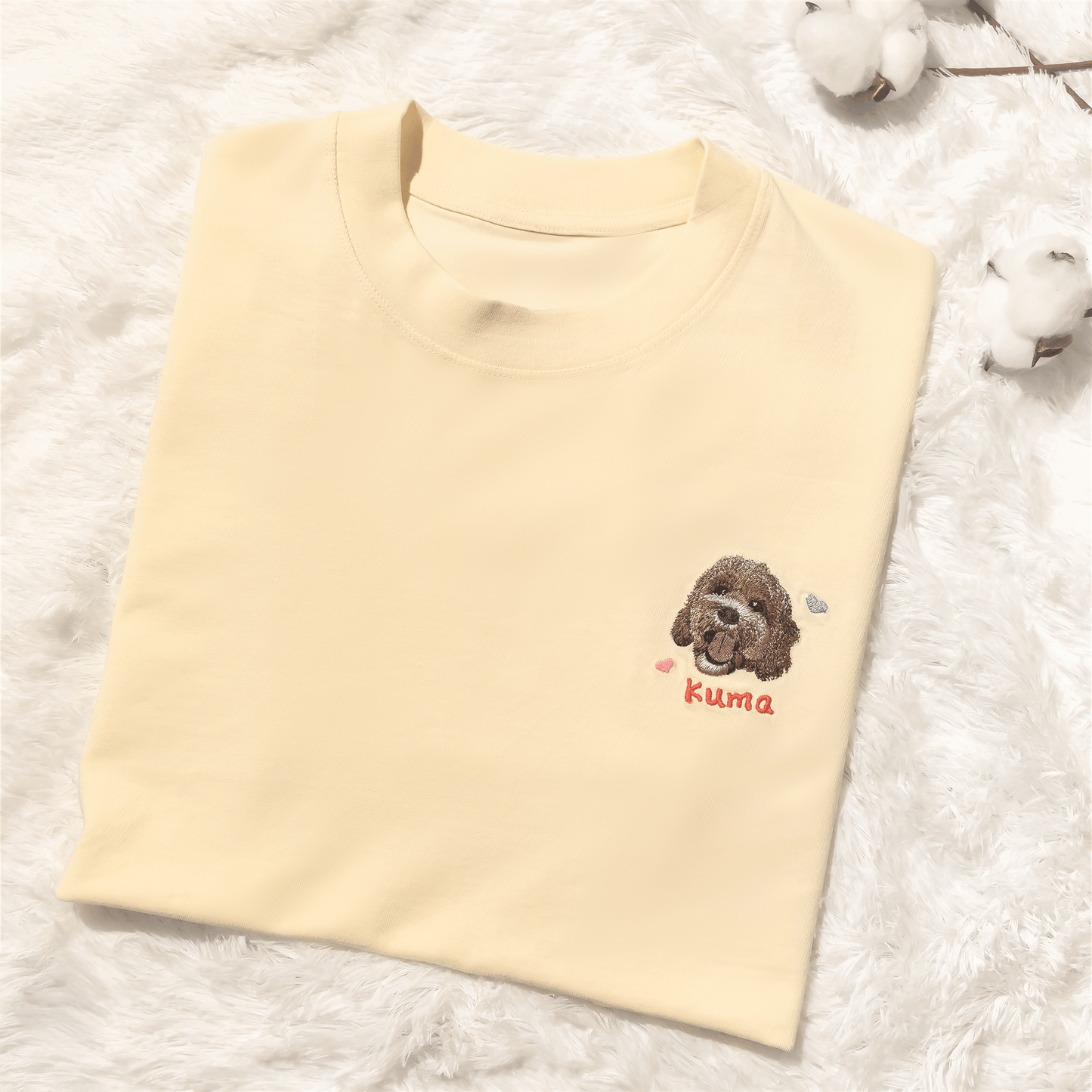 Custom cat portrait embroidery on soft cotton t-shirt