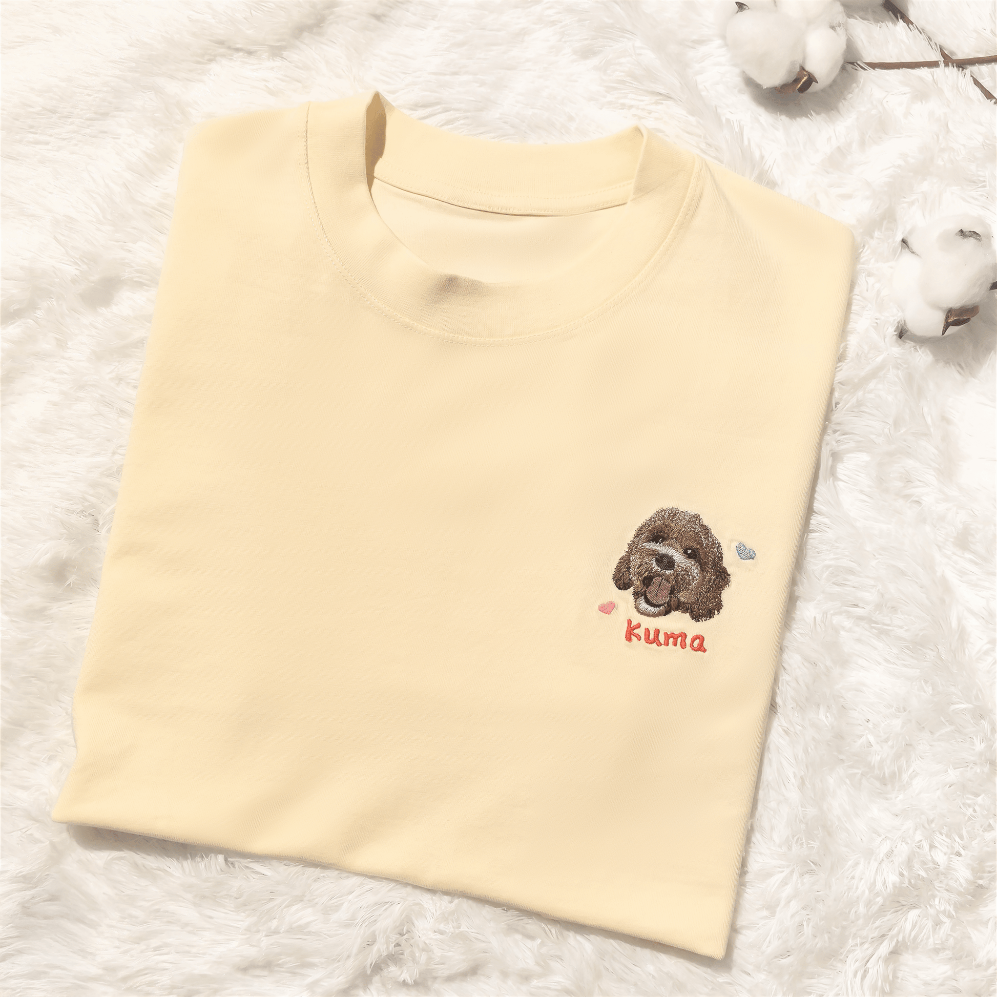 Custom cat portrait embroidery on soft cotton t-shirt