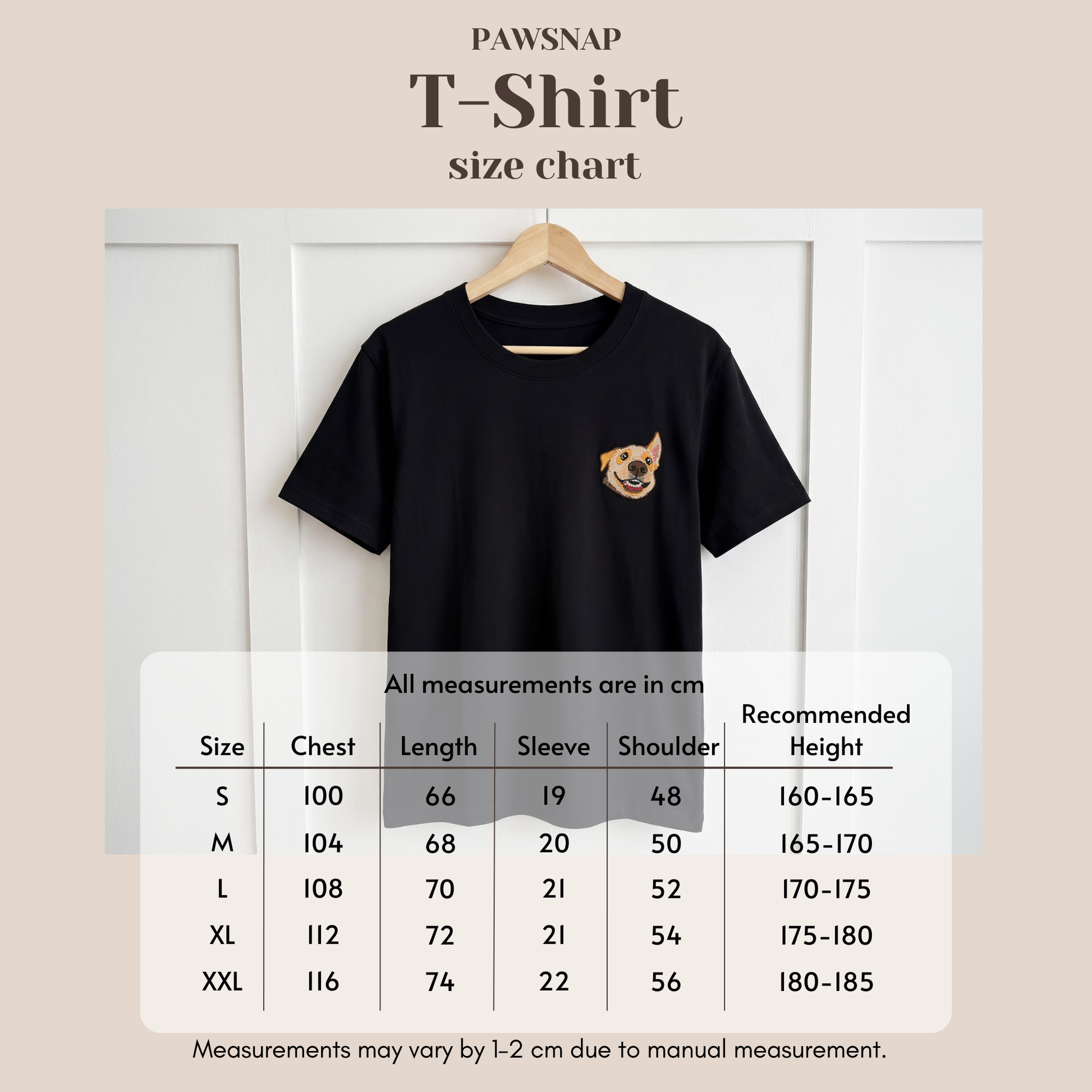 T-shirt size chart showing measurements for sizes S, M, L, XL, and XXL