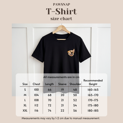T-shirt size chart showing measurements for sizes S, M, L, XL, and XXL