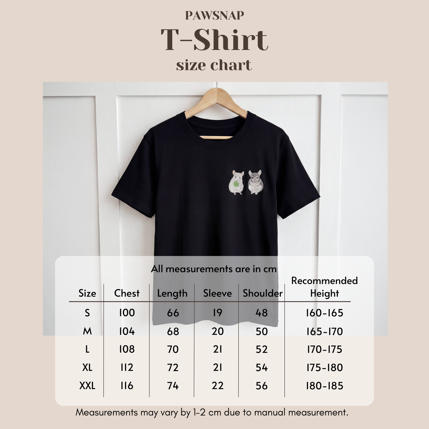 T-shirt size chart showing measurements for sizes S, M, L, XL, and XXL