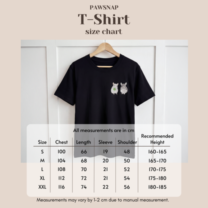 T-shirt size chart showing measurements for sizes S, M, L, XL, and XXL