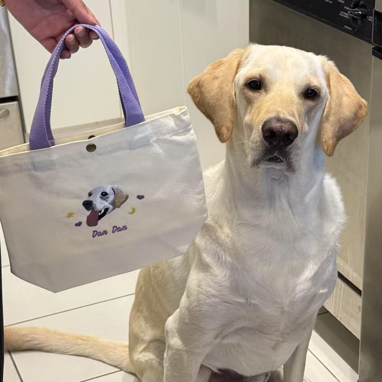 Yellow Labrador retriever with custom embroidered pet portrait tote bag - customer review 